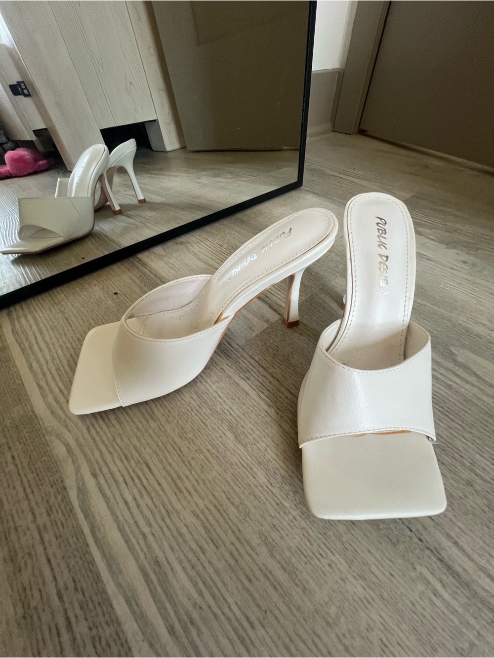 Public Desire Cream Square-Toe Slip-On High Heel Mules